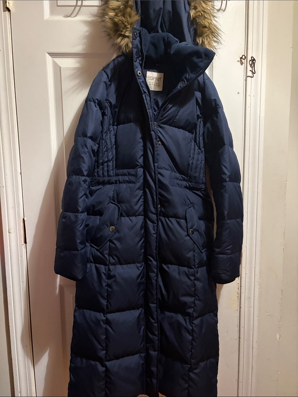 Esprit Navy Long Quilted Puffer Coat with Faux Fur Trim Hood